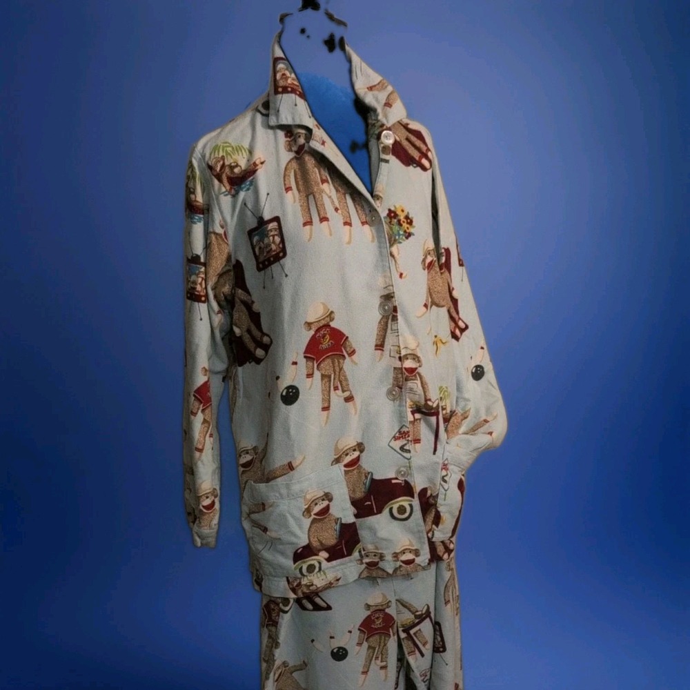 Nick & Nora Sock Monkey TV Lounge Pajama Set Top & Bottoms Sz M Blue Flannel